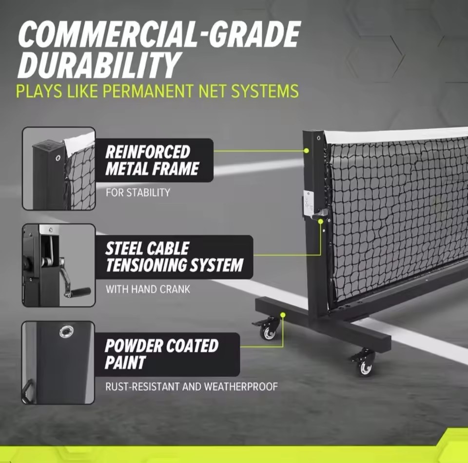 Net durability diagram showing the reinforced metal frame, steel cable tensioning system and powder-coated paint