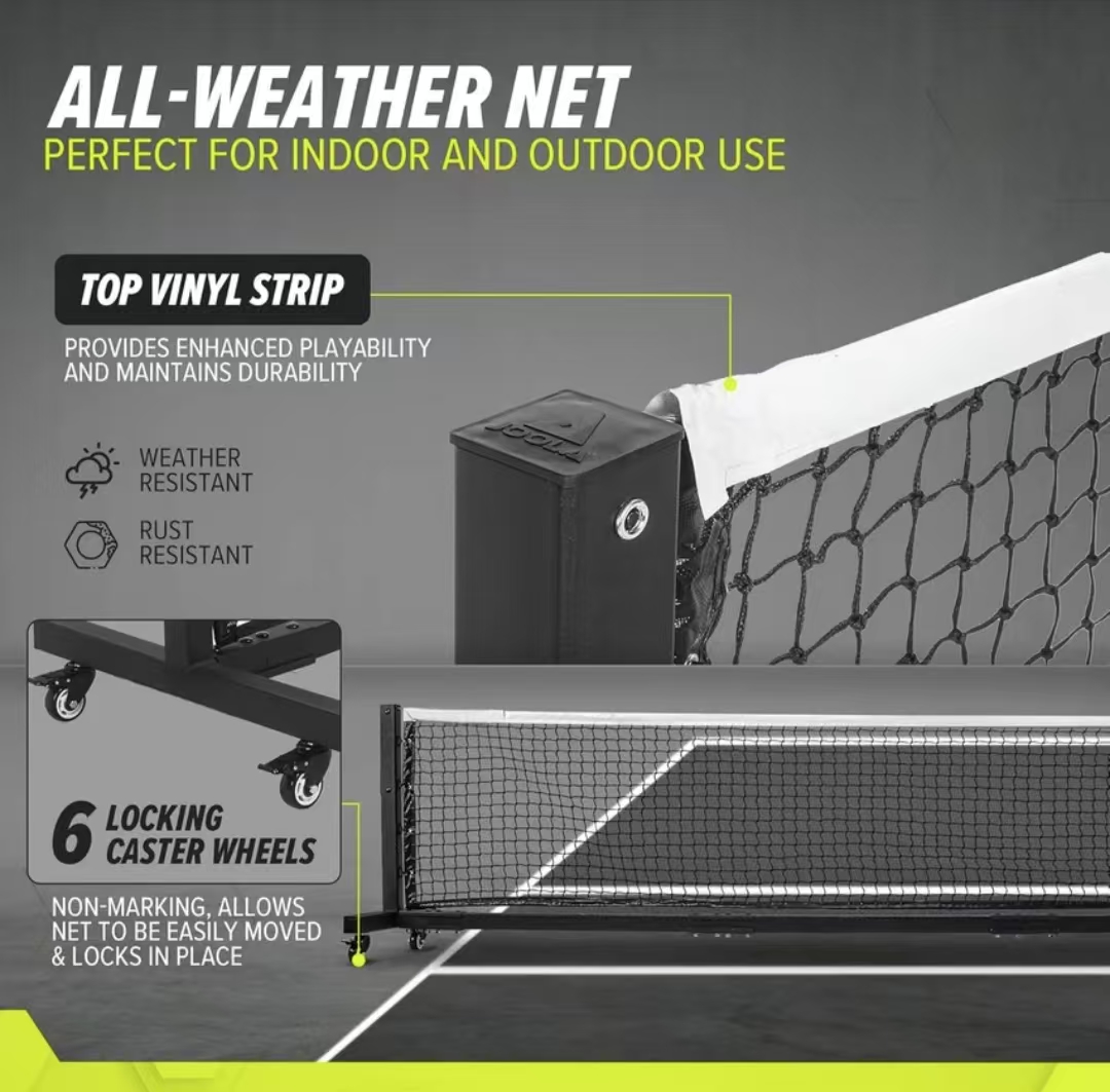 Portable pickleball net on a wheeled black frame