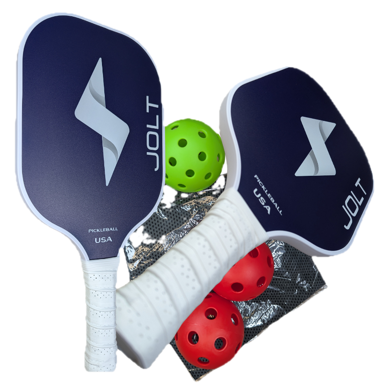 Jolt starter bundle with two paddles, pickleballs and a carry bag